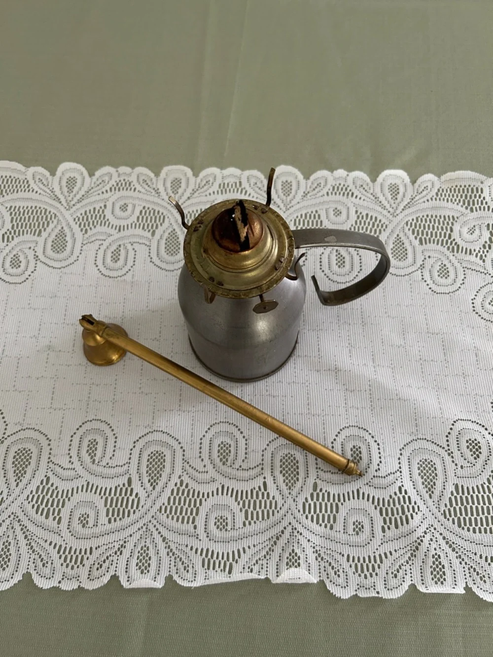 Vintage Oil Lamp with Long Handle Silver/Brass H 6.5 in Diameter 3.5 in